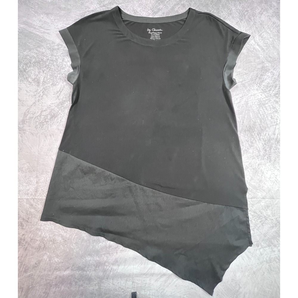 Chico's Tunic Dress Womens 2 Black Distinctive Asymmetrical Hem Career Crew Neck